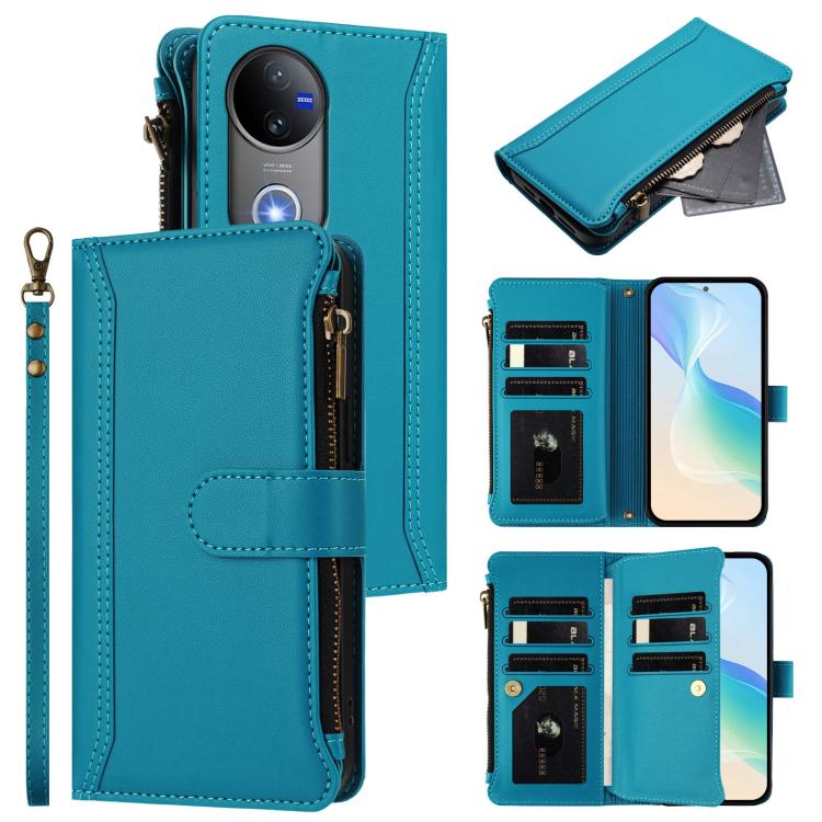 Magnetic Closure 9 Card Slots Zipper Leather Case with Hand Strap, For vivo V60 Lite 5G Global, For vivo Y400 4G, For vivo X200S 5G, For vivo V50 Lite 5G Global / V50 Lite 4G, For vivo Y39 5G Global, For vivo Y29S 5G / Y04 5G Global                    ...
