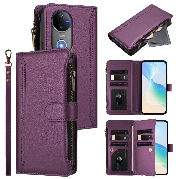 Magnetic Closure 9 Card Slots Zipper Leather Case with Hand Strap, For vivo V60 Lite 5G Global, For vivo Y400 4G, For vivo X200S 5G, For vivo V50 Lite 5G Global / V50 Lite 4G, For vivo Y39 5G Global, For vivo Y29S 5G / Y04 5G Global                    ...