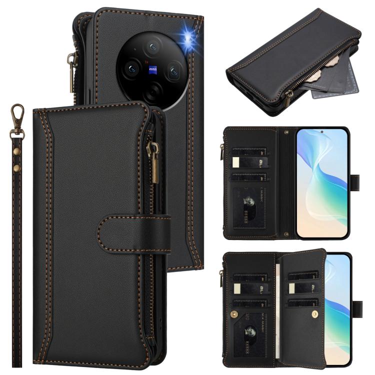 Magnetic Closure 9 Card Slots Zipper Leather Case with Hand Strap, For vivo iQOO Z9s Pro 5G India, For vivo Y03 4G Global / Y18 4G Global, For vivo V40 Lite 5G Global / V30e 5G Global, For vivo S19, For vivo Y28 4G Global                               ...