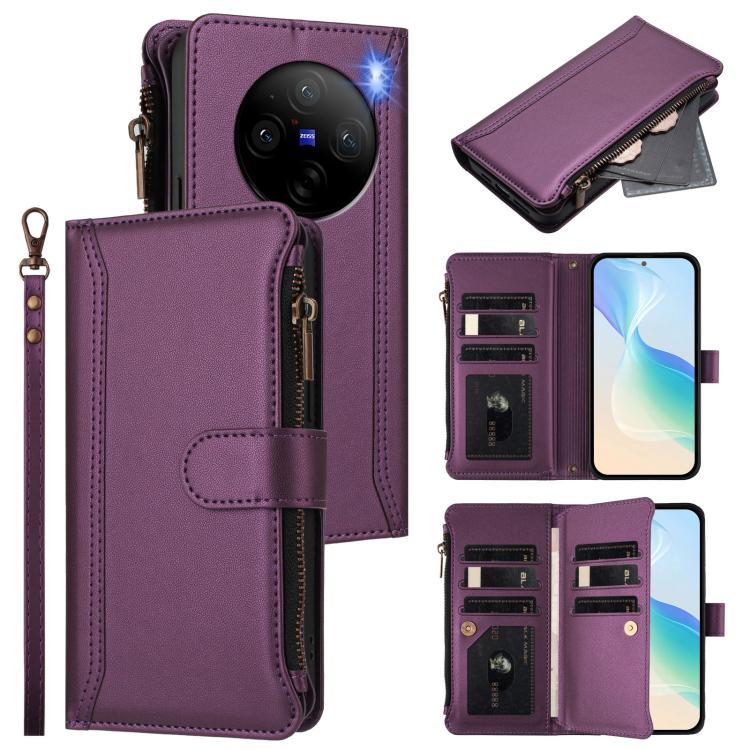 Magnetic Closure 9 Card Slots Zipper Leather Case with Hand Strap, For vivo iQOO Z9s Pro 5G India, For vivo Y03 4G Global / Y18 4G Global, For vivo V40 Lite 5G Global / V30e 5G Global, For vivo S19, For vivo Y28 4G Global                               ...