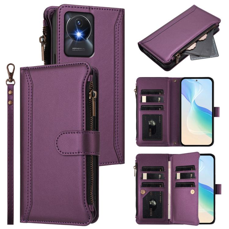 Magnetic Closure 9 Card Slots Zipper Leather Case with Hand Strap, For vivo Y27 4G 2023, For vivo Y02A 4G / Y02 4G / Y11 2023 / Y02T, For vivo V27 5G Global / V27 Pro 5G Global, For vivo V27E 4G Global / T2 4G Global, For vivo Y35 4G Global / Y77E 5G  ...