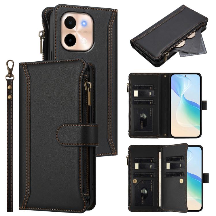 Magnetic Closure 9 Card Slots Zipper Leather Case with Hand Strap, For vivo iQOO Z9s Pro 5G India, For vivo Y03 4G Global / Y18 4G Global, For vivo V40 Lite 5G Global / V30e 5G Global, For vivo S19, For vivo Y28 4G Global                               ...