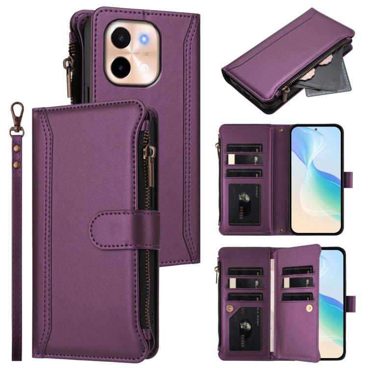 Magnetic Closure 9 Card Slots Zipper Leather Case with Hand Strap, For vivo iQOO Z9s Pro 5G India, For vivo Y03 4G Global / Y18 4G Global, For vivo V40 Lite 5G Global / V30e 5G Global, For vivo S19, For vivo Y28 4G Global                               ...