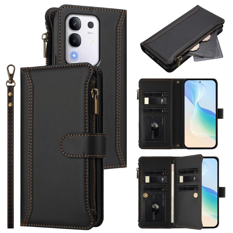 Magnetic Closure 9 Card Slots Zipper Leather Case with Hand Strap, For vivo V60 Lite 5G Global, For vivo Y400 4G, For vivo X200S 5G, For vivo V50 Lite 5G Global / V50 Lite 4G, For vivo Y39 5G Global, For vivo Y29S 5G / Y04 5G Global                    ...