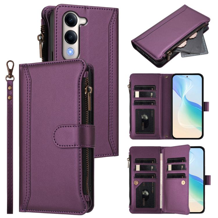 Magnetic Closure 9 Card Slots Zipper Leather Case with Hand Strap, For vivo V60 Lite 5G Global, For vivo Y400 4G, For vivo X200S 5G, For vivo V50 Lite 5G Global / V50 Lite 4G, For vivo Y39 5G Global, For vivo Y29S 5G / Y04 5G Global                    ...