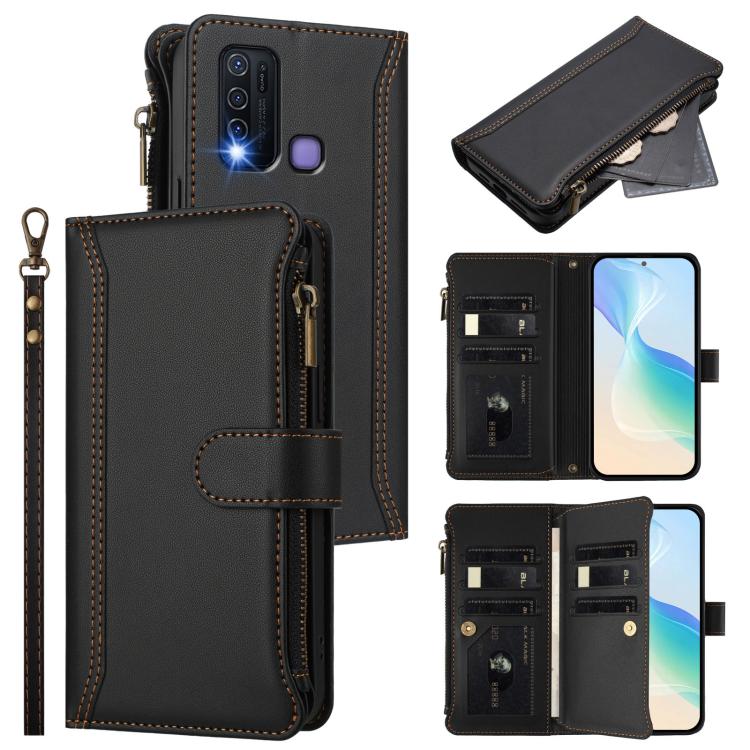 Magnetic Closure 9 Card Slots Zipper Leather Case with Hand Strap, For vivo Y27 4G 2023, For vivo Y02A 4G / Y02 4G / Y11 2023 / Y02T, For vivo V27 5G Global / V27 Pro 5G Global, For vivo V27E 4G Global / T2 4G Global, For vivo Y35 4G Global / Y77E 5G  ...