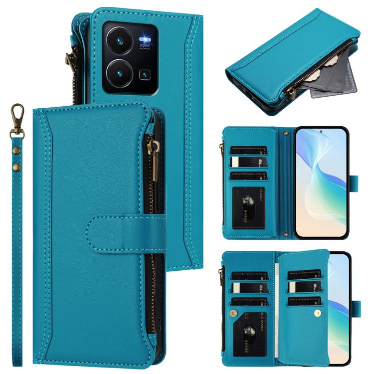 Magnetic Closure 9 Card Slots Zipper Leather Case with Hand Strap, For vivo Y27 4G 2023, For vivo Y02A 4G / Y02 4G / Y11 2023 / Y02T, For vivo V27 5G Global / V27 Pro 5G Global, For vivo V27E 4G Global / T2 4G Global, For vivo Y35 4G Global / Y77E 5G  ...