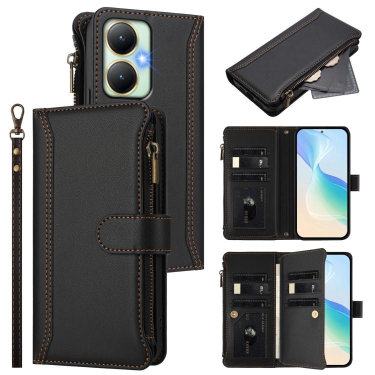 Magnetic Closure 9 Card Slots Zipper Leather Case with Hand Strap, For vivo Y27 4G 2023, For vivo Y02A 4G / Y02 4G / Y11 2023 / Y02T, For vivo V27 5G Global / V27 Pro 5G Global, For vivo V27E 4G Global / T2 4G Global, For vivo Y35 4G Global / Y77E 5G  ...