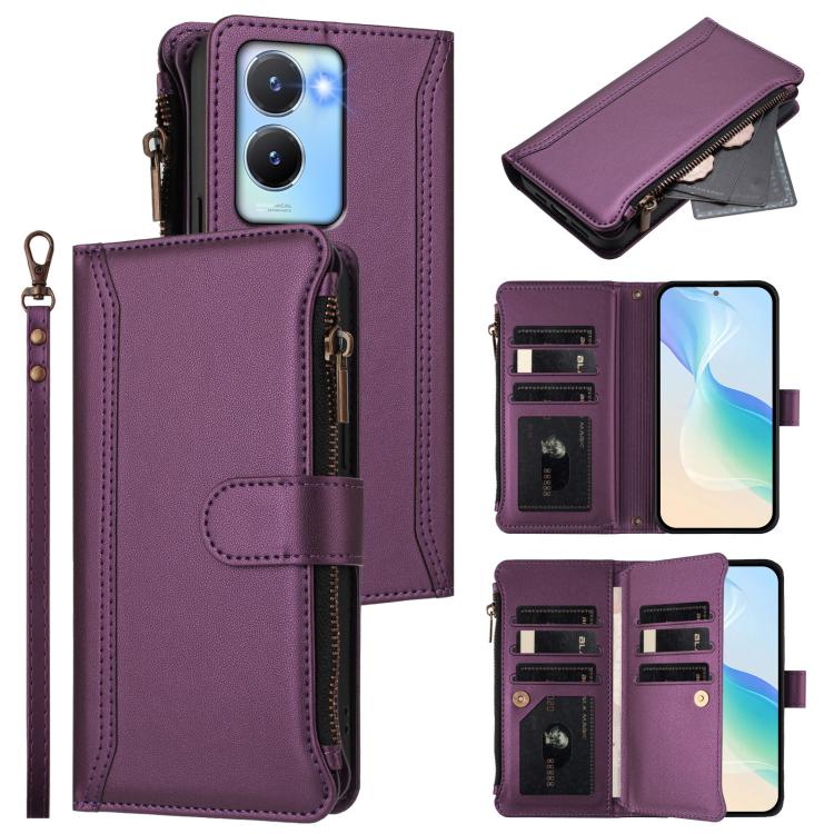 Magnetic Closure 9 Card Slots Zipper Leather Case with Hand Strap, For vivo Y100A 5G Global, For vivo Y56 5G Global / Y16 4G Global, For vivo Y72 5G / iQOO Z3 / Y52 5G, For vivo Y55S 2023 5G / Y55 5G Global, For vivo Y76 5G                             ...