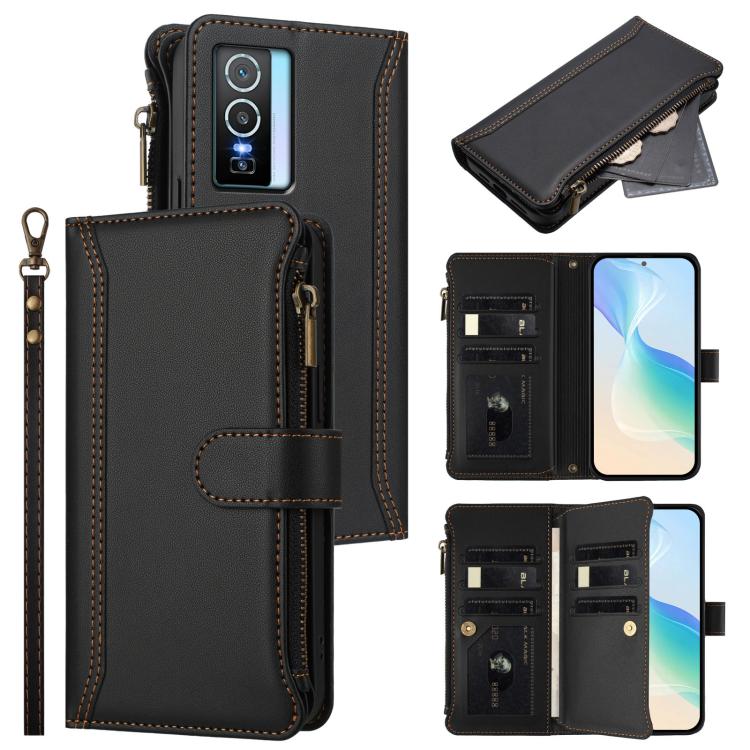 Magnetic Closure 9 Card Slots Zipper Leather Case with Hand Strap, For vivo Y100A 5G Global, For vivo Y56 5G Global / Y16 4G Global, For vivo Y72 5G / iQOO Z3 / Y52 5G, For vivo Y55S 2023 5G / Y55 5G Global, For vivo Y76 5G                             ...