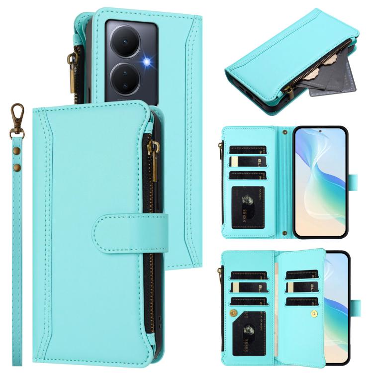 Magnetic Closure 9 Card Slots Zipper Leather Case with Hand Strap, For vivo Y400 5G Global, For vivo V60 5G Global, For vivo S30 Pro mini, For vivo S30, For vivo Y300 5G Global, For vivo Y200E 5G Global / V40 SE 5G, For vivo Y36 4G Global / Y27S 4G Glo...