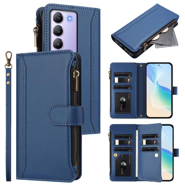 Magnetic Closure 9 Card Slots Zipper Leather Case with Hand Strap, For vivo Y400 5G Global, For vivo V60 5G Global, For vivo S30 Pro mini, For vivo S30, For vivo Y300 5G Global, For vivo Y200E 5G Global / V40 SE 5G, For vivo Y36 4G Global / Y27S 4G Glo...