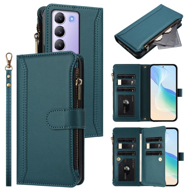 Magnetic Closure 9 Card Slots Zipper Leather Case with Hand Strap, For vivo Y400 5G Global, For vivo V60 5G Global, For vivo S30 Pro mini, For vivo S30, For vivo Y300 5G Global, For vivo Y200E 5G Global / V40 SE 5G, For vivo Y36 4G Global / Y27S 4G Glo...