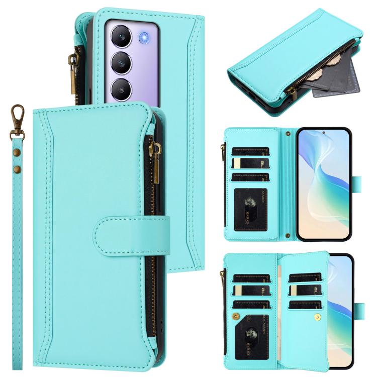 Magnetic Closure 9 Card Slots Zipper Leather Case with Hand Strap, For vivo Y400 5G Global, For vivo V60 5G Global, For vivo S30 Pro mini, For vivo S30, For vivo Y300 5G Global, For vivo Y200E 5G Global / V40 SE 5G, For vivo Y36 4G Global / Y27S 4G Glo...