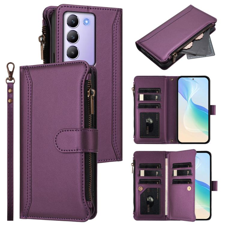 Magnetic Closure 9 Card Slots Zipper Leather Case with Hand Strap, For vivo Y400 5G Global, For vivo V60 5G Global, For vivo S30 Pro mini, For vivo S30, For vivo Y300 5G Global, For vivo Y200E 5G Global / V40 SE 5G, For vivo Y36 4G Global / Y27S 4G Glo...
