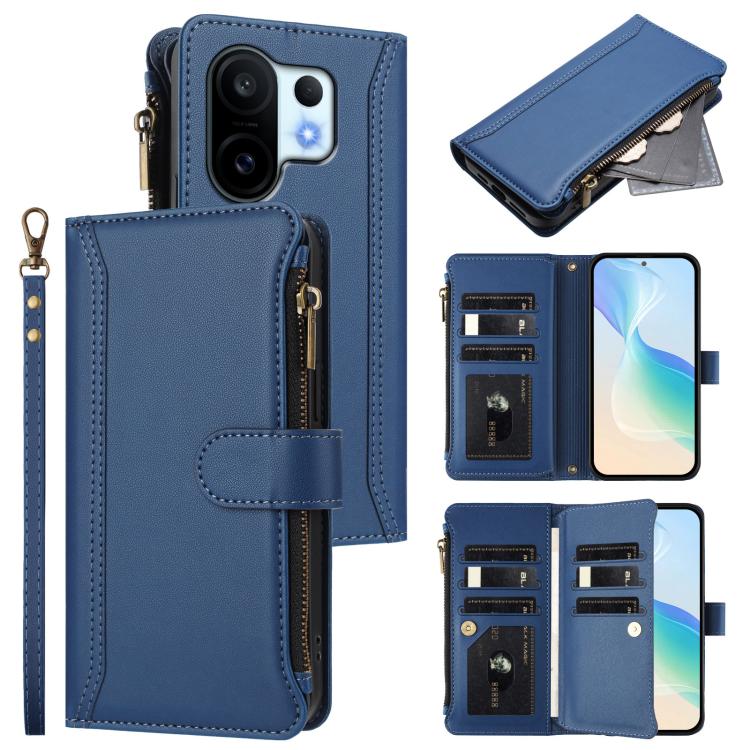 Magnetic Closure 9 Card Slots Zipper Leather Case with Hand Strap, For vivo Y400 5G Global, For vivo V60 5G Global, For vivo S30 Pro mini, For vivo S30, For vivo Y300 5G Global, For vivo Y200E 5G Global / V40 SE 5G, For vivo Y36 4G Global / Y27S 4G Glo...