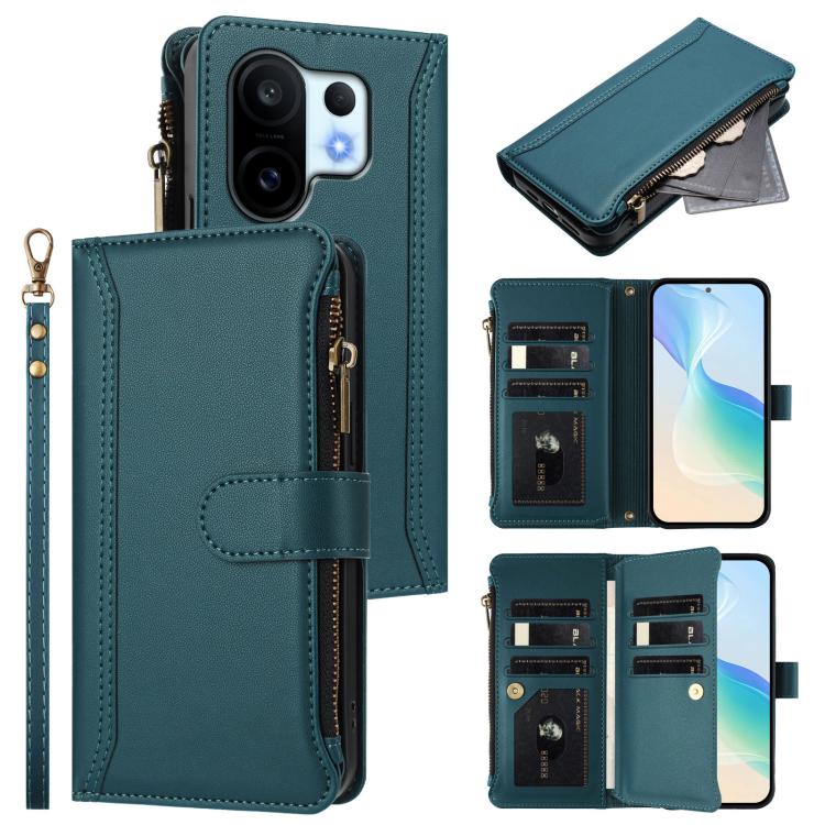 Magnetic Closure 9 Card Slots Zipper Leather Case with Hand Strap, For vivo Y400 5G Global, For vivo V60 5G Global, For vivo S30 Pro mini, For vivo S30, For vivo Y300 5G Global, For vivo Y200E 5G Global / V40 SE 5G, For vivo Y36 4G Global / Y27S 4G Glo...