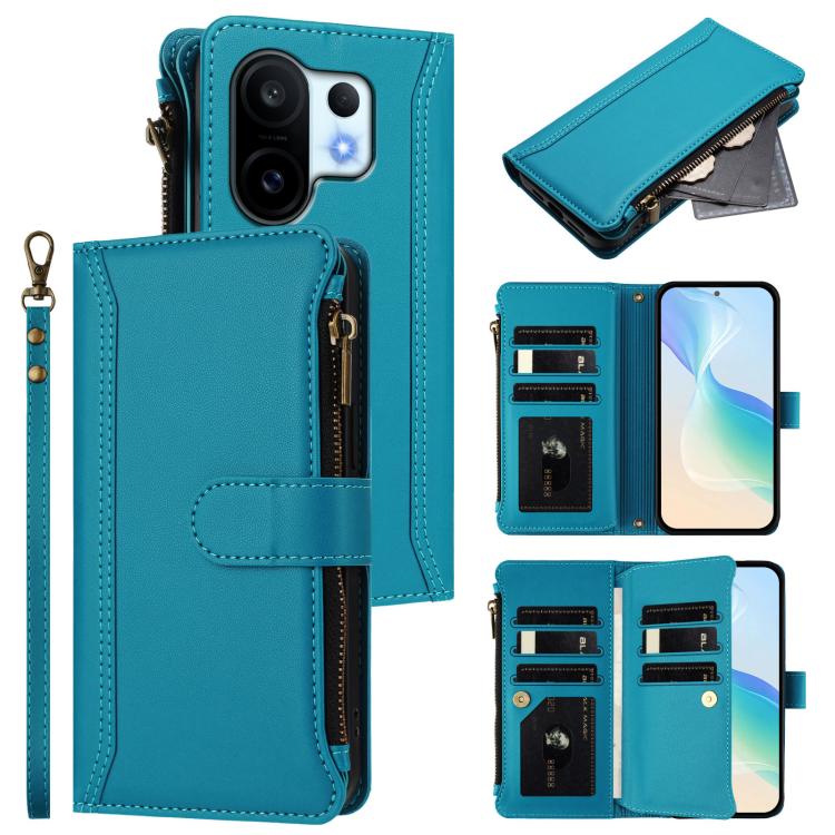 Magnetic Closure 9 Card Slots Zipper Leather Case with Hand Strap, For vivo Y400 5G Global, For vivo V60 5G Global, For vivo S30 Pro mini, For vivo S30, For vivo Y300 5G Global, For vivo Y200E 5G Global / V40 SE 5G, For vivo Y36 4G Global / Y27S 4G Glo...