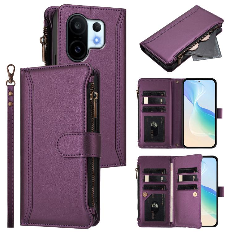 Magnetic Closure 9 Card Slots Zipper Leather Case with Hand Strap, For vivo Y400 5G Global, For vivo V60 5G Global, For vivo S30 Pro mini, For vivo S30, For vivo Y300 5G Global, For vivo Y200E 5G Global / V40 SE 5G, For vivo Y36 4G Global / Y27S 4G Glo...