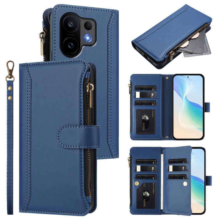 Magnetic Closure 9 Card Slots Zipper Leather Case with Hand Strap, For vivo Y400 5G Global, For vivo V60 5G Global, For vivo S30 Pro mini, For vivo S30, For vivo Y300 5G Global, For vivo Y200E 5G Global / V40 SE 5G, For vivo Y36 4G Global / Y27S 4G Glo...