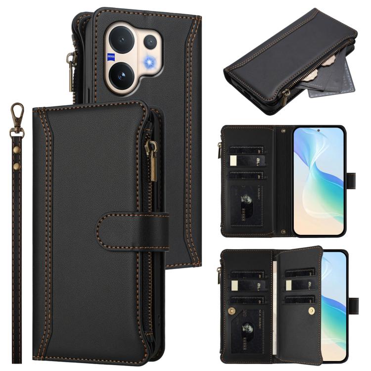 Magnetic Closure 9 Card Slots Zipper Leather Case with Hand Strap, For vivo Y400 5G Global, For vivo V60 5G Global, For vivo S30 Pro mini, For vivo S30, For vivo Y300 5G Global, For vivo Y200E 5G Global / V40 SE 5G, For vivo Y36 4G Global / Y27S 4G Glo...