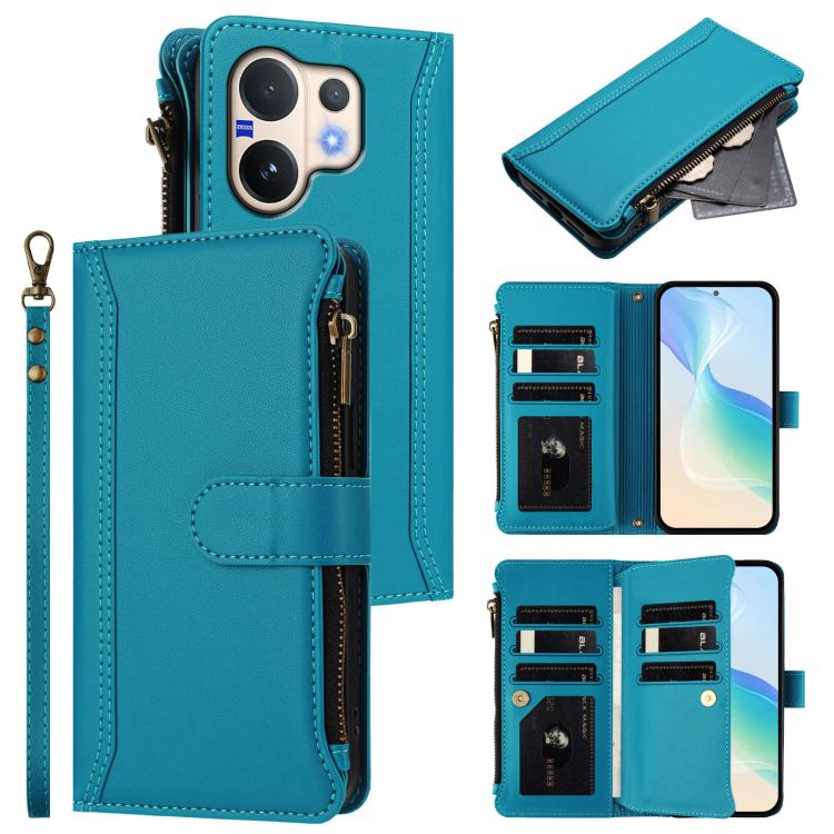 Magnetic Closure 9 Card Slots Zipper Leather Case with Hand Strap, For vivo Y400 5G Global, For vivo V60 5G Global, For vivo S30 Pro mini, For vivo S30, For vivo Y300 5G Global, For vivo Y200E 5G Global / V40 SE 5G, For vivo Y36 4G Global / Y27S 4G Glo...