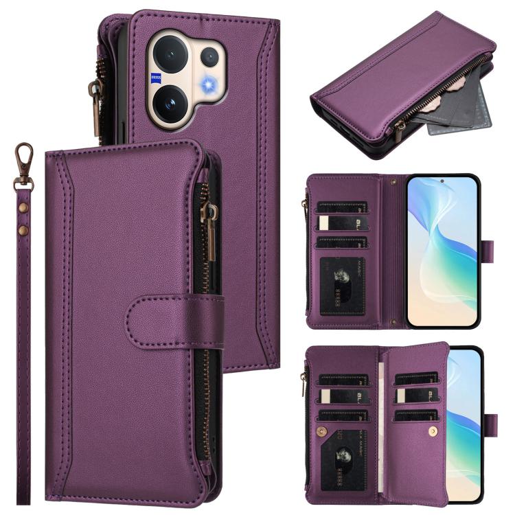 Magnetic Closure 9 Card Slots Zipper Leather Case with Hand Strap, For vivo Y400 5G Global, For vivo V60 5G Global, For vivo S30 Pro mini, For vivo S30, For vivo Y300 5G Global, For vivo Y200E 5G Global / V40 SE 5G, For vivo Y36 4G Global / Y27S 4G Glo...