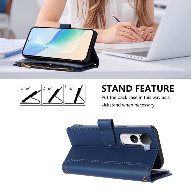 Magnetic Closure 9 Card Slots Zipper Leather Case with Hand Strap, For vivo Y400 5G Global, For vivo V60 5G Global, For vivo S30 Pro mini, For vivo S30, For vivo Y300 5G Global, For vivo Y200E 5G Global / V40 SE 5G, For vivo Y36 4G Global / Y27S 4G Glo...