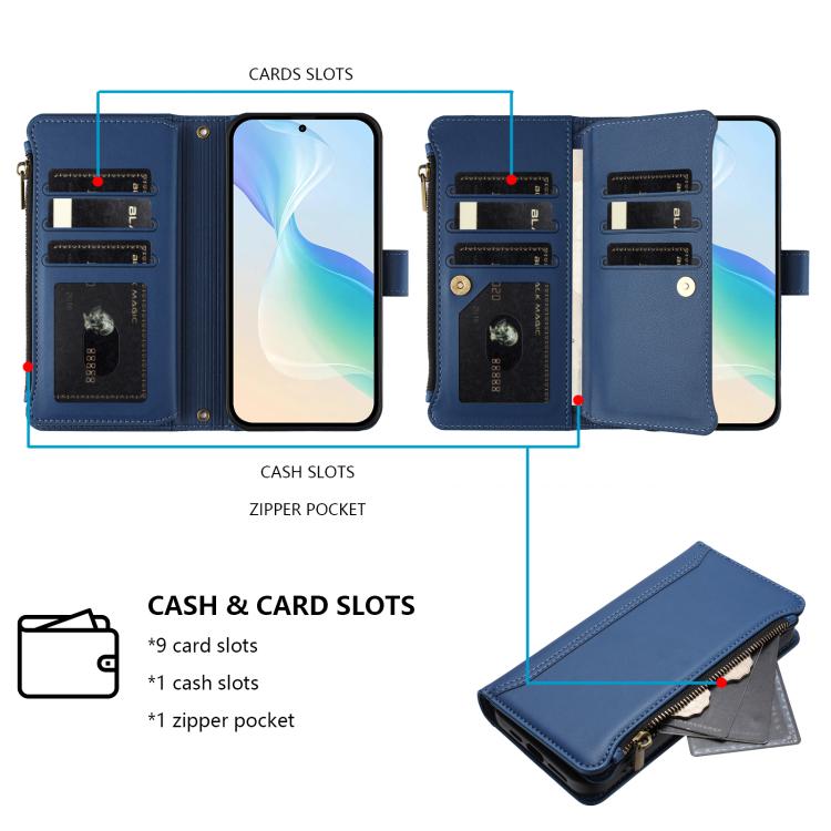 Magnetic Closure 9 Card Slots Zipper Leather Case with Hand Strap, For vivo Y400 5G Global, For vivo V60 5G Global, For vivo S30 Pro mini, For vivo S30, For vivo Y300 5G Global, For vivo Y200E 5G Global / V40 SE 5G, For vivo Y36 4G Global / Y27S 4G Glo...