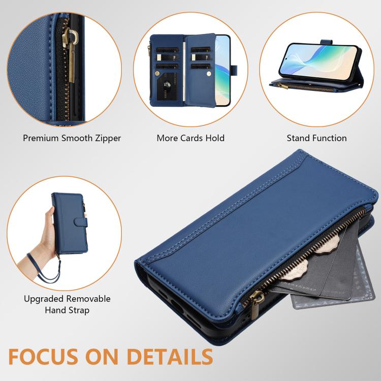 Magnetic Closure 9 Card Slots Zipper Leather Case with Hand Strap, For vivo Y400 5G Global, For vivo V60 5G Global, For vivo S30 Pro mini, For vivo S30, For vivo Y300 5G Global, For vivo Y200E 5G Global / V40 SE 5G, For vivo Y36 4G Global / Y27S 4G Glo...