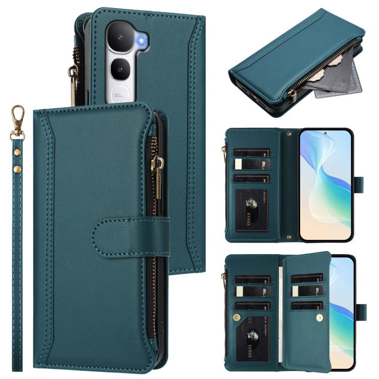 Magnetic Closure 9 Card Slots Zipper Leather Case with Hand Strap, For vivo Y400 5G Global, For vivo V60 5G Global, For vivo S30 Pro mini, For vivo S30, For vivo Y300 5G Global, For vivo Y200E 5G Global / V40 SE 5G, For vivo Y36 4G Global / Y27S 4G Glo...