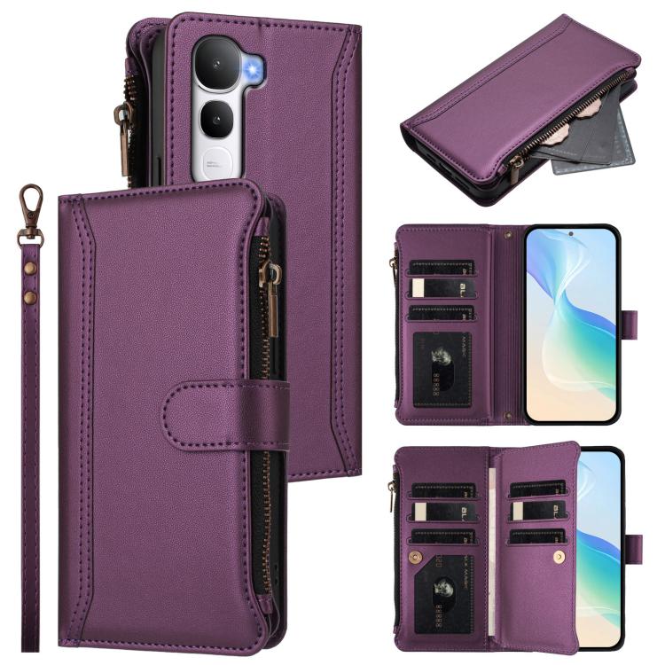 Magnetic Closure 9 Card Slots Zipper Leather Case with Hand Strap, For vivo Y400 5G Global, For vivo V60 5G Global, For vivo S30 Pro mini, For vivo S30, For vivo Y300 5G Global, For vivo Y200E 5G Global / V40 SE 5G, For vivo Y36 4G Global / Y27S 4G Glo...
