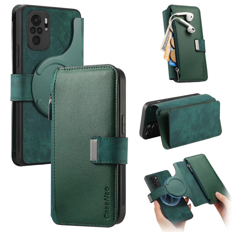 CaseNeo MagSafe RFID Anti-theft Zipper Wallet Retro Leather Phone Case, For Redmi Note 10 4G / 10S
