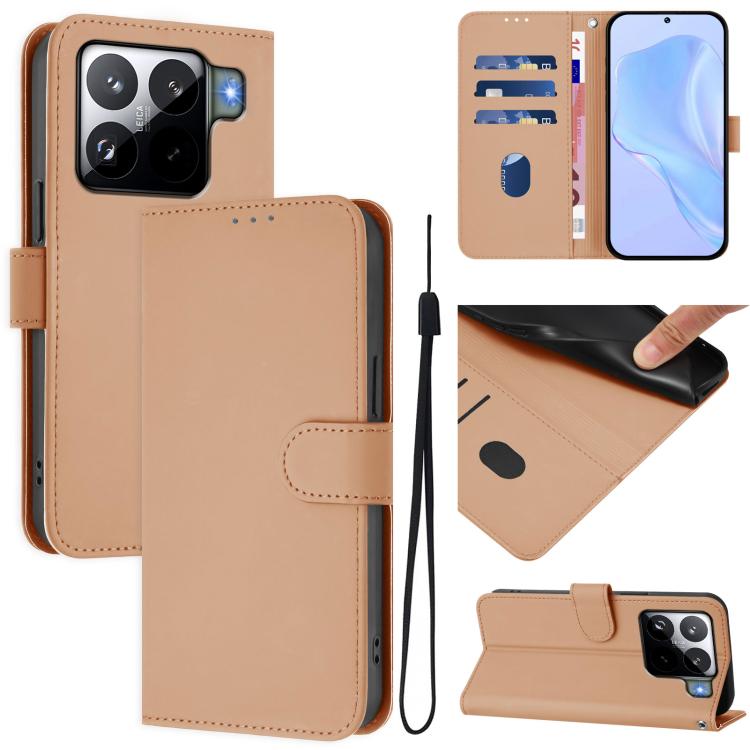 Skin Feel Solid Color Leather Phone Case with Lanyard, For Xiaomi 15S Pro 5G
