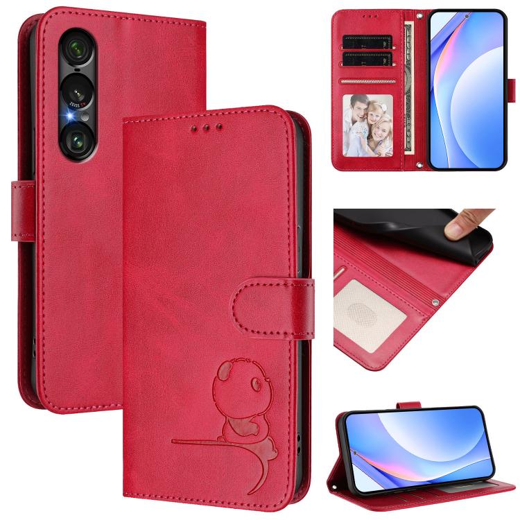 Litter Panda Embossing RFID Leather Phone Case with Lanyard, For Sony Xperia 1 VIII, For Sony Xperia 10 VII, For Sony Xperia 1 VII, For Sony Xperia 10 VI, For Sony Xperia 1 VI, For Sony Xperia 5 VI, For Sony Xperia 5 V, For Sony Xperia 1 V