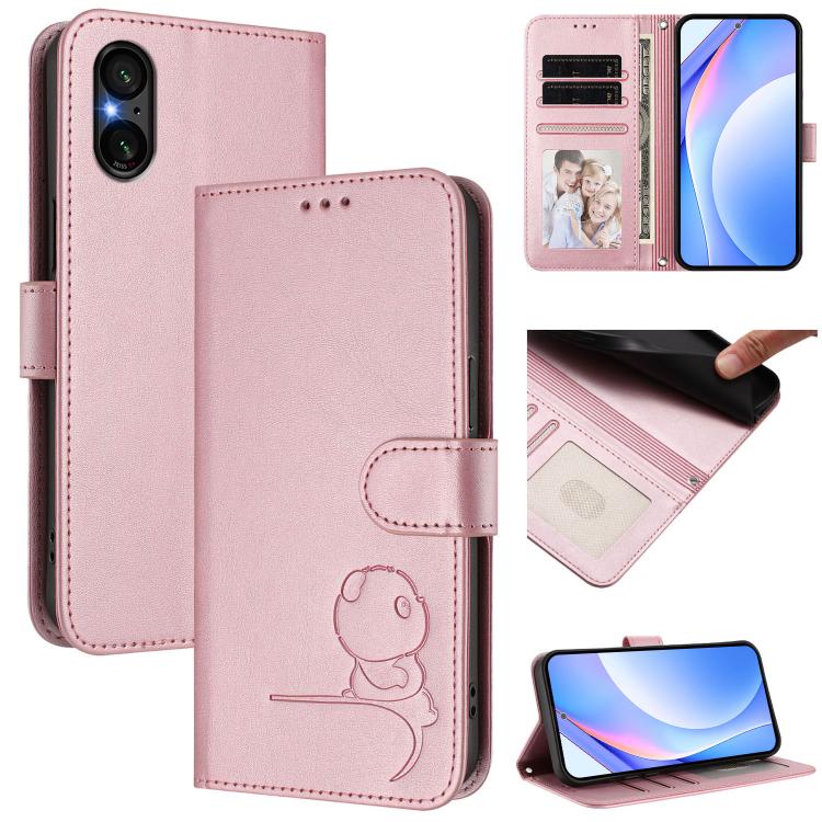 Litter Panda Embossing RFID Leather Phone Case with Lanyard, For Sony Xperia 1 VIII, For Sony Xperia 10 VII, For Sony Xperia 1 VII, For Sony Xperia 10 VI, For Sony Xperia 1 VI, For Sony Xperia 5 VI, For Sony Xperia 5 V, For Sony Xperia 1 V