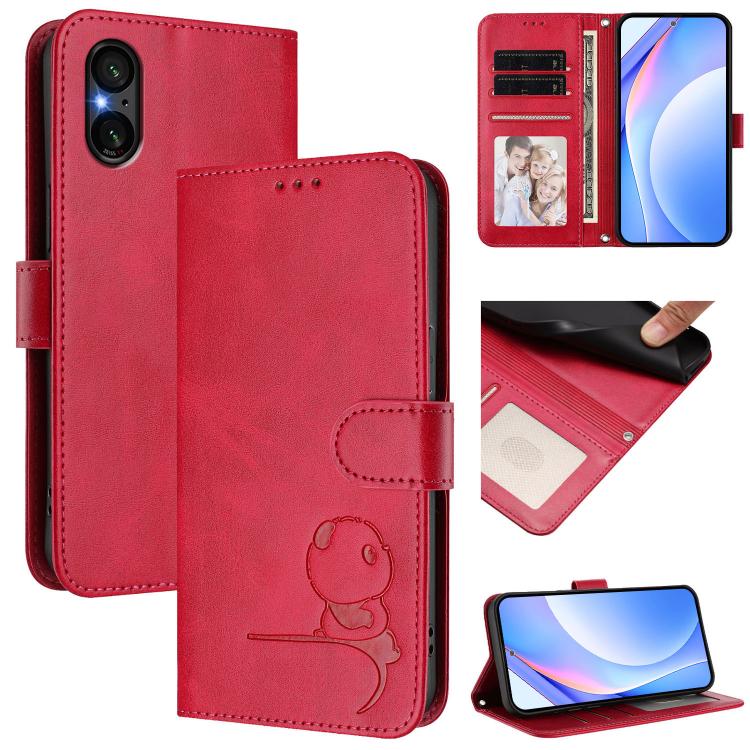 Litter Panda Embossing RFID Leather Phone Case with Lanyard, For Sony Xperia 1 VIII, For Sony Xperia 10 VII, For Sony Xperia 1 VII, For Sony Xperia 10 VI, For Sony Xperia 1 VI, For Sony Xperia 5 VI, For Sony Xperia 5 V, For Sony Xperia 1 V
