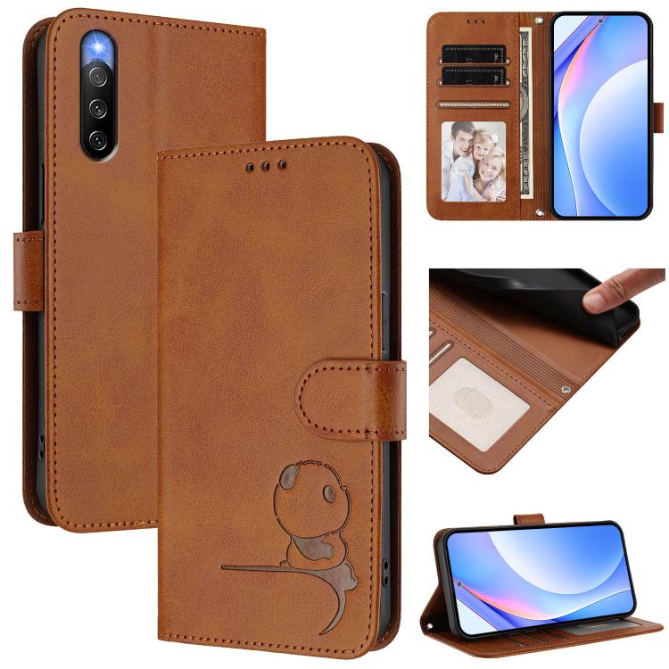 Litter Panda Embossing RFID Leather Phone Case with Lanyard, For Sony Xperia 10 V, For Sony Xperia 5 IV, For Sony Xperia 10 IV, For Sony Xperia 10 III / 10 III Lite