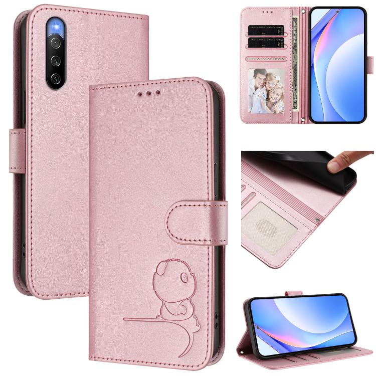 Litter Panda Embossing RFID Leather Phone Case with Lanyard, For Sony Xperia 10 V, For Sony Xperia 5 IV, For Sony Xperia 10 IV, For Sony Xperia 10 III / 10 III Lite