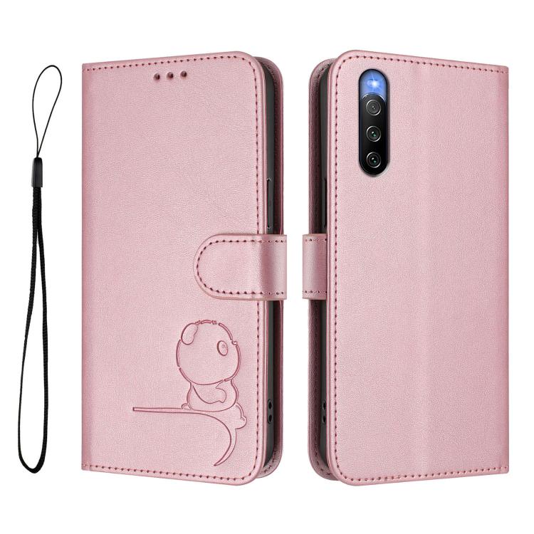Litter Panda Embossing RFID Leather Phone Case with Lanyard, For Sony Xperia 10 V, For Sony Xperia 5 IV, For Sony Xperia 10 IV, For Sony Xperia 10 III / 10 III Lite