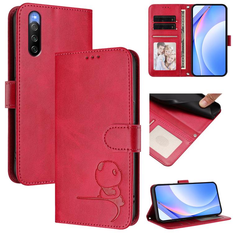 Litter Panda Embossing RFID Leather Phone Case with Lanyard, For Sony Xperia 10 V, For Sony Xperia 5 IV, For Sony Xperia 10 IV, For Sony Xperia 10 III / 10 III Lite