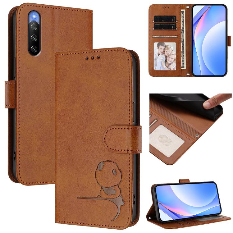 Litter Panda Embossing RFID Leather Phone Case with Lanyard, For Sony Xperia 10 V, For Sony Xperia 5 IV, For Sony Xperia 10 IV, For Sony Xperia 10 III / 10 III Lite