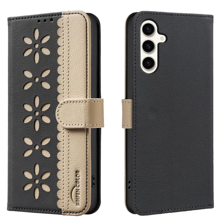 Splicing Color Hollow Flower Pattern RFID Leather Phone Case, For Samsung Galaxy M36 5G