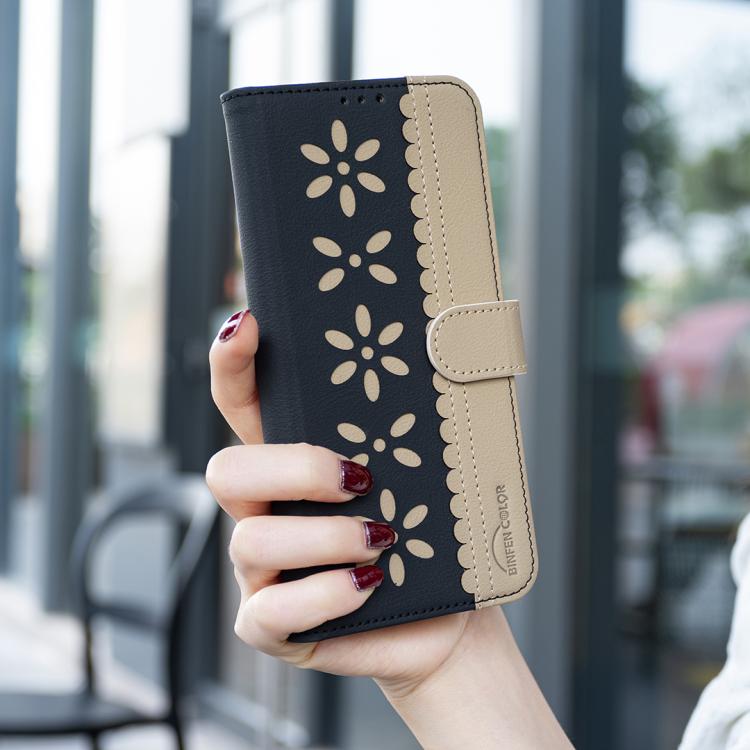 Splicing Color Hollow Flower Pattern RFID Leather Phone Case, For Samsung Galaxy M36 5G