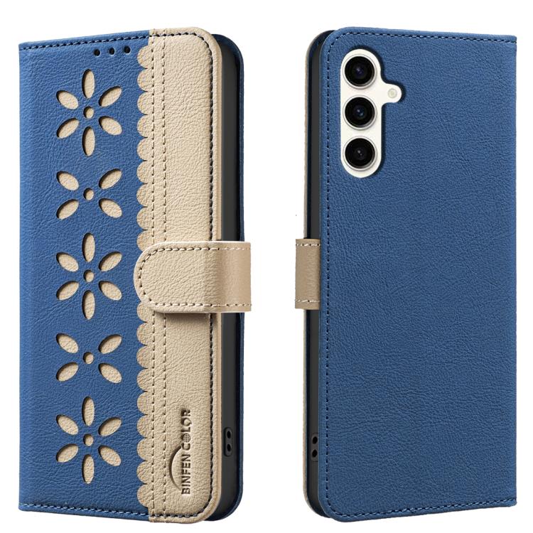 Splicing Color Hollow Flower Pattern RFID Leather Phone Case, For Samsung Galaxy M36 5G