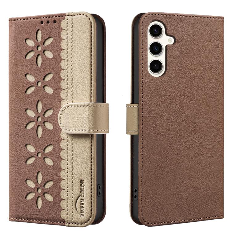 Splicing Color Hollow Flower Pattern RFID Leather Phone Case, For Samsung Galaxy M36 5G
