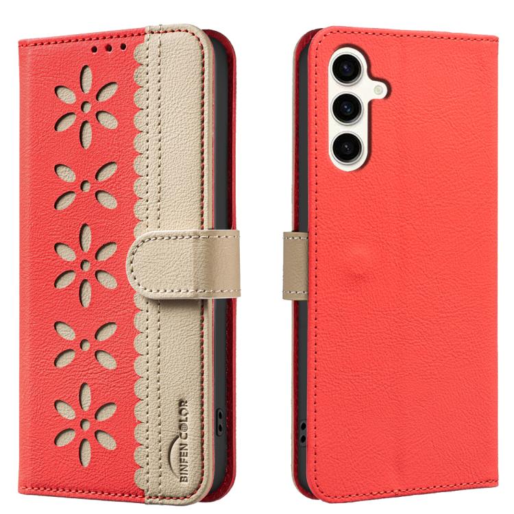 Splicing Color Hollow Flower Pattern RFID Leather Phone Case, For Samsung Galaxy M36 5G