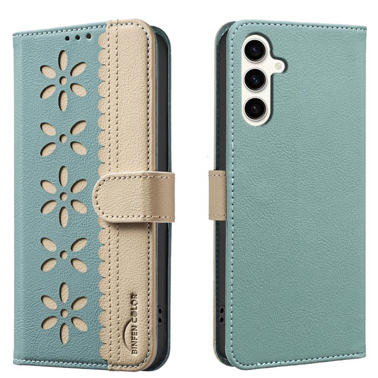Splicing Color Hollow Flower Pattern RFID Leather Phone Case, For Samsung Galaxy M36 5G
