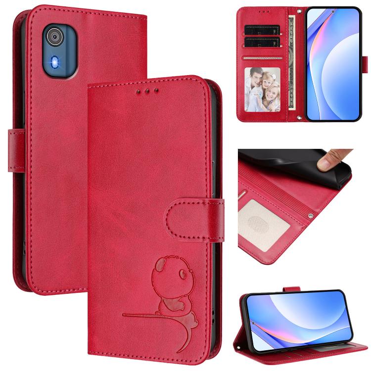 Litter Panda Embossing RFID Leather Phone Case with Lanyard, For Nokia G42 / G310, For Nokia C300, For Nokia C22, For Nokia C12, For Nokia G22, For Nokia C32, For Nokia C02, For Nokia X30