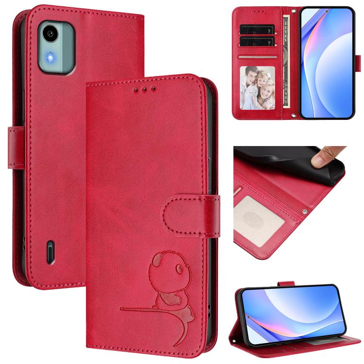 Litter Panda Embossing RFID Leather Phone Case with Lanyard, For Nokia G42 / G310, For Nokia C300, For Nokia C22, For Nokia C12, For Nokia G22, For Nokia C32, For Nokia C02, For Nokia X30